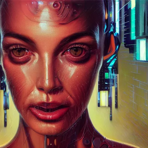 Image similar to detailed face of a biomechanical woman, moment, cyberpunk cloisters, electronic billboards, tech noir, wet reflections, prism, atmospheric, ambient, pj crook, syd mead, livia prima, greg rutkowski, edward hopper