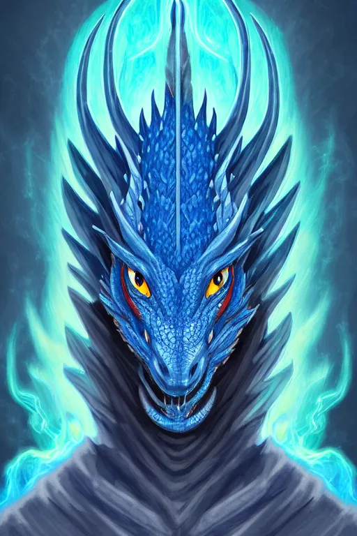 Prompt: half length portrait of a blue dragon sorcerer, nature lover, nerd, clumsy, electricity, comets, dragon, male, magical robes, high fantasy, d & d, by tyler jacobson, face details, extremely detailed, digital illustration
