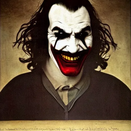 Image similar to portrait of the joaquin phoenix as joker, laughing, drama, chaos matte painting by hieronymus bosch and zidislaw beksinsky