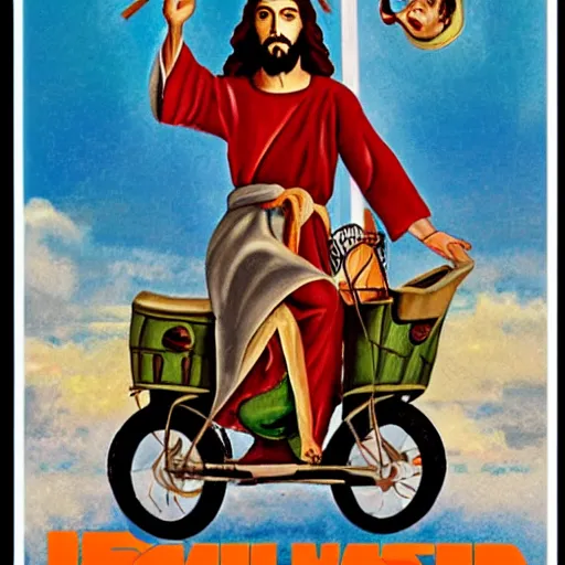 Prompt: jesus on a trimoto, advertisement