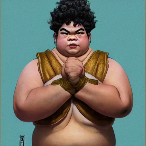 Prompt: gaten matarazzo as e. honda the sumo wrestler from street fighter, smiling, ultra realistic, concept art, intricate details, eerie, highly detailed, photorealistic, octane render, 8 k, unreal engine. art by artgerm and greg rutkowski and magali villeneuve and alphonse mucha