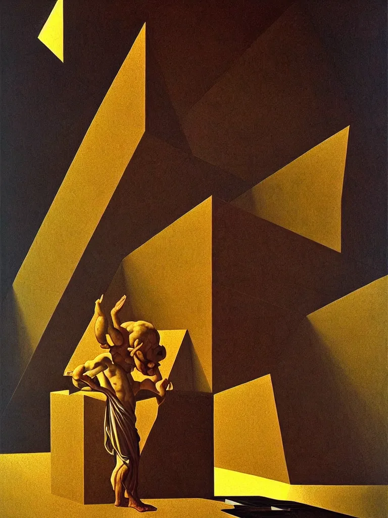 Image similar to hyperrealistic still life portrait of a mind exploding inside of a serene temple, beautiful plans, sacred geometry, light refracting through prisms in a tesseract, by Caravaggio, botanical print, surrealism, vivid colors, serene, golden ratio, rule of thirds, negative space, minimalist composition