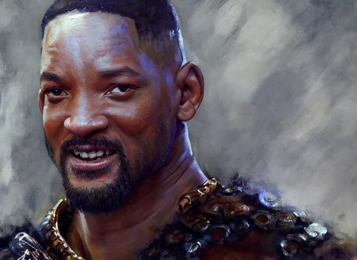 Image similar to a highly detailed beautiful portrait of will smith as kratos, by gregory manchess, james gurney, james jean