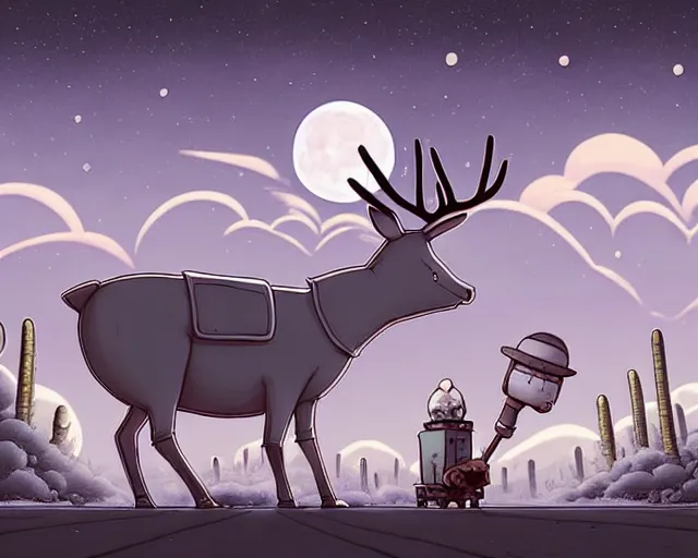 Prompt: a cell shaded cartoon grey santa! + deer robot, with a big head, on a desert road, wide shot, in front of a big moon, muted colors, post grunge, josan gonzales, wlop, by james jean, victor ngai, hq, deviantart, art by artgem