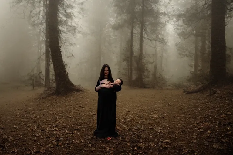 Prompt: a cinematic photo of a young woman with dark hair holds a baby in a dark, foggy forest, closeup, masterpiece