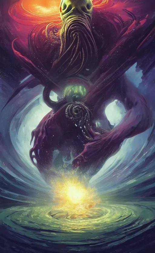 Image similar to a beautiful artwork illustration, cthulhu in a galactic explosion, high contrast, high saturation, by Greg Rutkowski and Jesper Ejsing and Raymond Swanland, featured on artstation, wide angle, vertical orientation