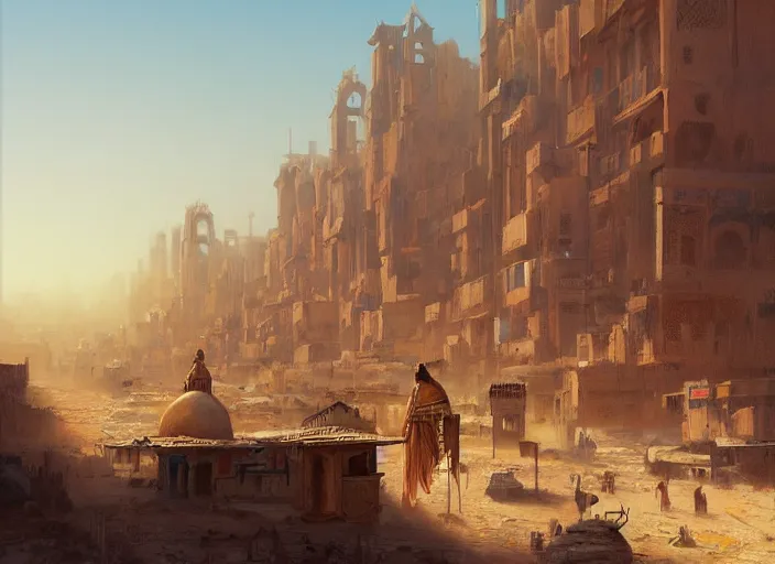 Image similar to Trader's City Kvar. Middle eastern buildings in the desert. Oasis. Colorful tapestries. a fantasy digital painting by Greg Rutkowski and James Gurney, trending on Artstation, highly detailed