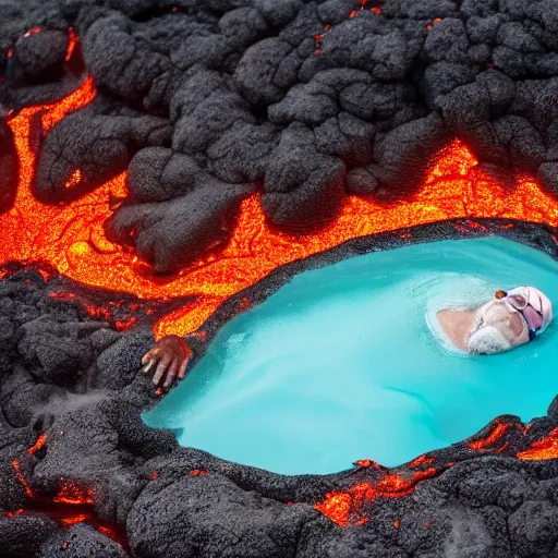 Image similar to elderly man swimming in a lava flow, smiling, happy, volcano, hot, eruption, magma, lava, canon eos r 3, f / 1. 4, iso 2 0 0, 1 / 1 6 0 s, 8 k, raw, unedited, symmetrical balance, wide angle