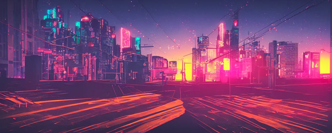 Image similar to night city, neon lights, glow, retrowave style, sunset, photorealism