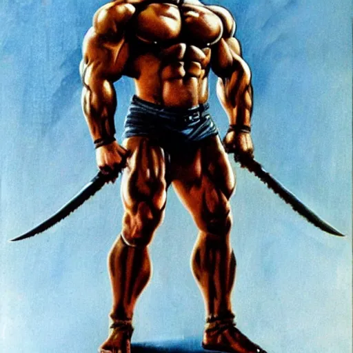 Image similar to full body portrait of barbarian arnold schwarzenegger by frank frazetta