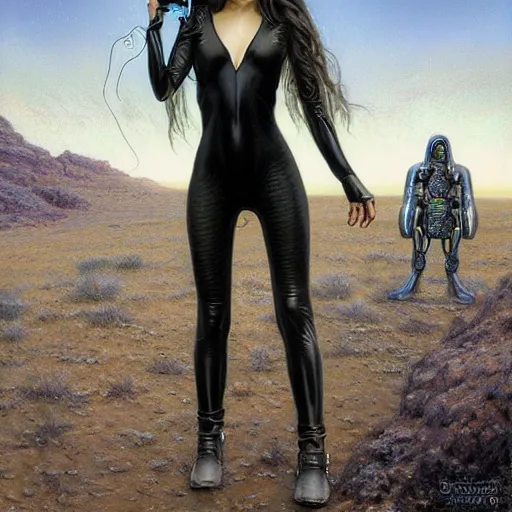 Prompt: pleiadian woman with big eyes and long silver hair wearing a dark body suit and holding a plasma gun as a realistic sci fi character, portrait art by donato giancola and greg rutkowski, digital art, trending on artstation, standing in a barren field, long silver hair, full body