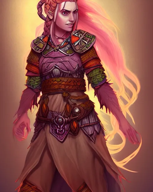 Prompt: female firbolg dungeons and dragons long braided peach color hair, wearing an old tunic, d & d digital character illustration, artstation trending female illustration, intricate, sharp focus, hyper detailed, digital painting, matte, character art by prywinko art, pyromallis rene maritte, masterpiece