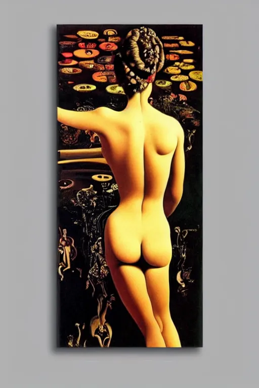 Image similar to beautiful woman by salvador dali, intricated details, 3 / 4 back view, hair styled in a bun, bendover posture, full body portrait, bright design, drips, autumn lights