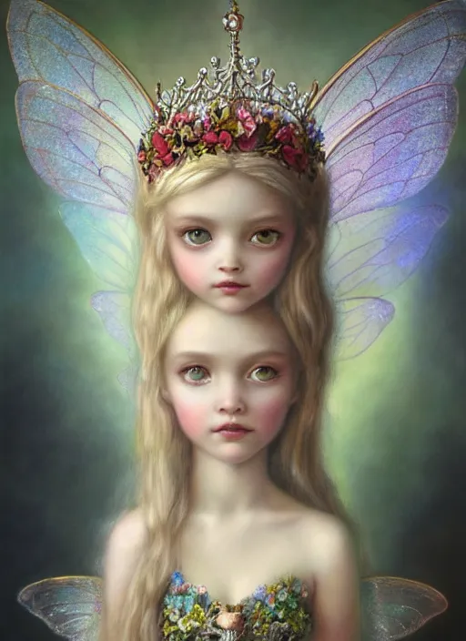 Image similar to highly detailed closeup portrait of a fairy princess wearing a crown and sitting on a throne, nicoletta ceccoli, mark ryden, lostfish, earl nore, global illumination, god rays, detailed and intricate environment