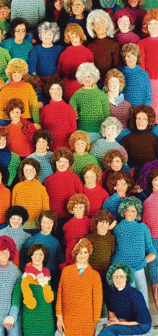 Prompt: multicolored crocheted people, 1 9 8 0 s catalogue photo