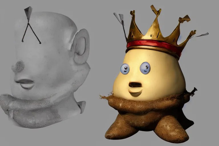 Image similar to the potato king appears before the large crowd of his subjects in all his glory wearing his crown, concept art, blender, glossy googly eyes, realistic dirt.