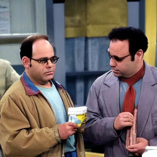 Image similar to George Costanza on Seinfeld selling a big bag of weed, smoking a joint