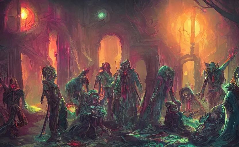 Prompt: The night of the 5 murderous sorcerers. Fantasy and concept art, colorful digital painting , horror scene, highly detailded