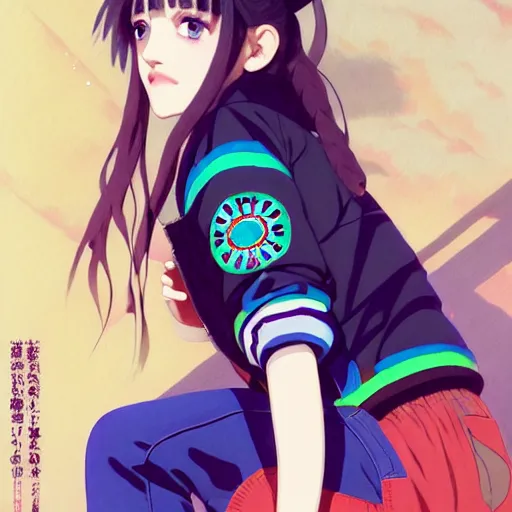 Prompt: a beautiful boyish kat dennings alluring gravure model, wearing oversized mayan bomber jacket and leotard with overalls, bulky poofy aztec native style bomber jacket with mayan patterns, gapmoe yandere grimdark, trending on pixiv fanbox, painted by greg rutkowski makoto shinkai takashi takeuchi studio ghibli, akihiko yoshida