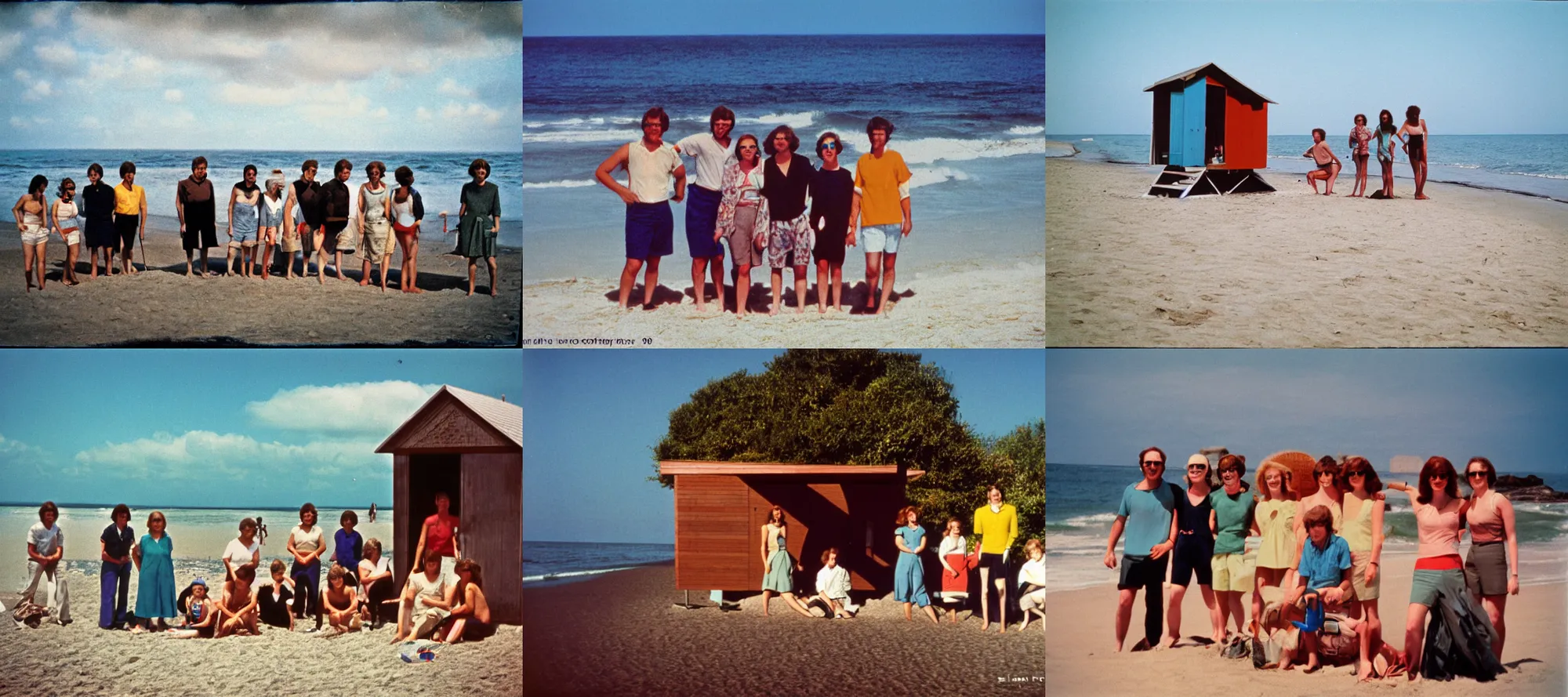 Prompt: by modernist film a colorized photo flickr 1980 a group of people standing on a beach next to the ocean remodernist film photo taken with ektachrome provia photo taken with provia playhouses huts loredan