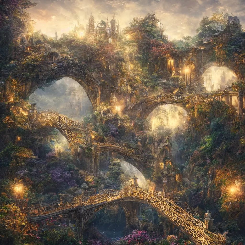 Image similar to 3 d high relief painting of fairyland bridge, outside of time and space, dreamy, romantic, gorgeous lighting, well lit, backlit, dramatic cinematic lighting, intricate, highly detailed, octane render, 8 k