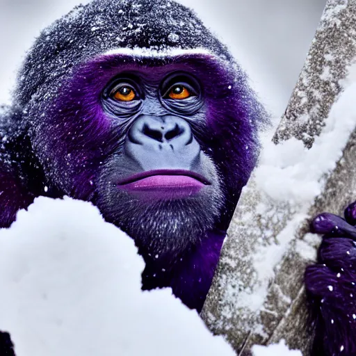 Image similar to a purple gorila, in snow, close up 4 k