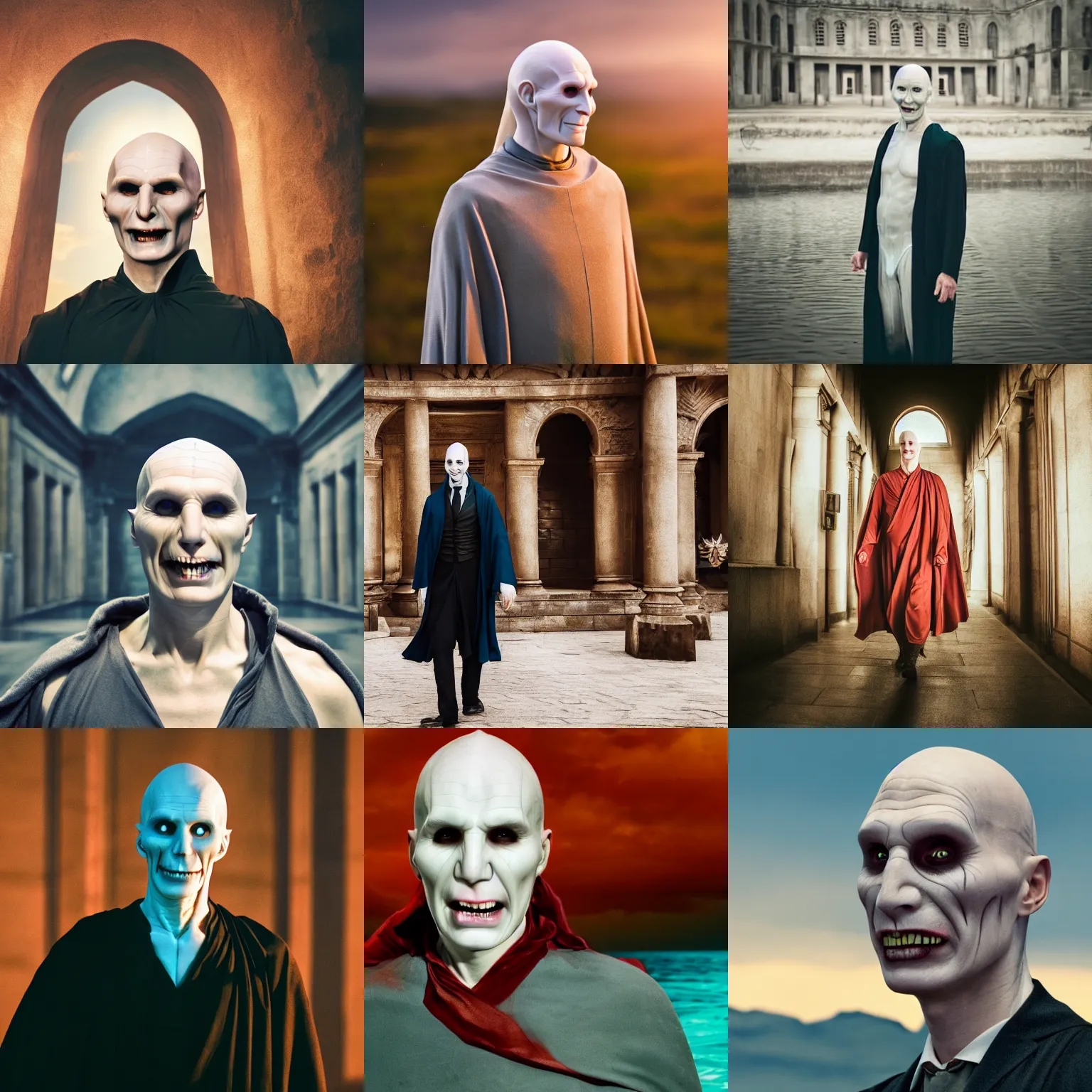 Prompt: professional photo of happy lord voldemort on vacations, cinematic shot, warm colours