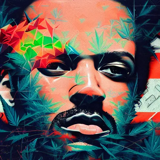 Image similar to profile picture ofsmoking weed, marijuana, hiphop, streetart, graffiti, hard edges, geometric, 3 d shapes, stoned, og, trippy, asymmetrical, 8 k, smoke, highly detailed masterpiece by sachin teng x supreme