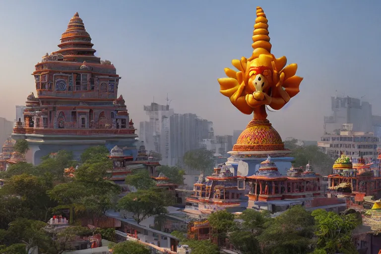 Image similar to high quality dreamscape! biomorphic new delhi, hanuman!! head building, kalighat, octane highly detailed, cinematic smooth, stephen shore & john j. park, soft morning light, wide shot, high angle, uhd 8 k, deep focus