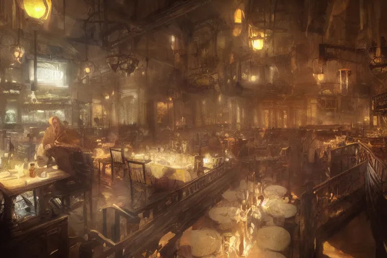 Image similar to A national geographic photo of the interior of an old inn restaurant filled with people by greg rutkowski, Trending on artstation