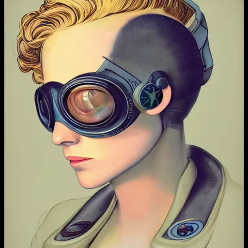 Image similar to pixar 3 d style retrofuture tattooed stoic heroic emotionless dirty butch blonde woman mechanic with very short slicked - back hair, full body, uncomfortable awkward and anxious, wearing dark - lensed victorian goggles, wearing dirty ripped flight suit, trudging through fantastic planet, valerian, moebius, rough paper, sci fi, behance hd