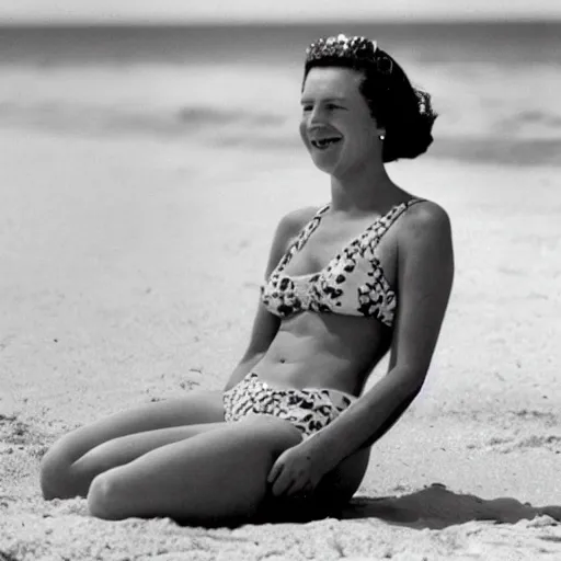 Image similar to Queen Elizabeth as a beach bum