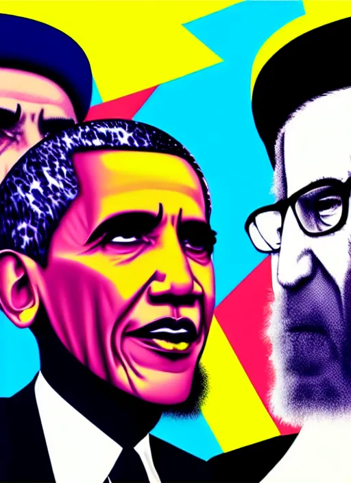 Prompt: pop art obama and khamenei angry each other, no duplicate image, glowing lights, highly detailed, digital painting, artstation, concept art, smooth, sharp focus, illustration, art by richard hamilton and mimmo rottela