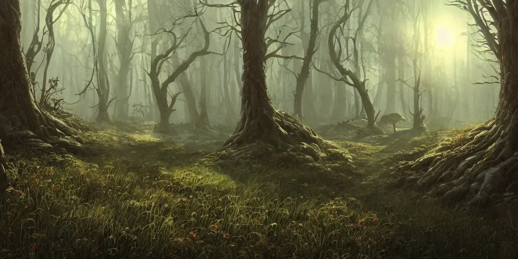 Prompt: A simple and beautiful detailed concept art that is digitally painted of a world of sunlit woodlands and cratered moors, that looks like it's from elden ring and bioshock by Pixar and dan mumford and Alfred Parsons, featured on artstation, featured on behance, featured on illustrationX, featured on conceptartworld, cinematic, cinematic lighting, morning shot, concept art, landscape photography composition, f16