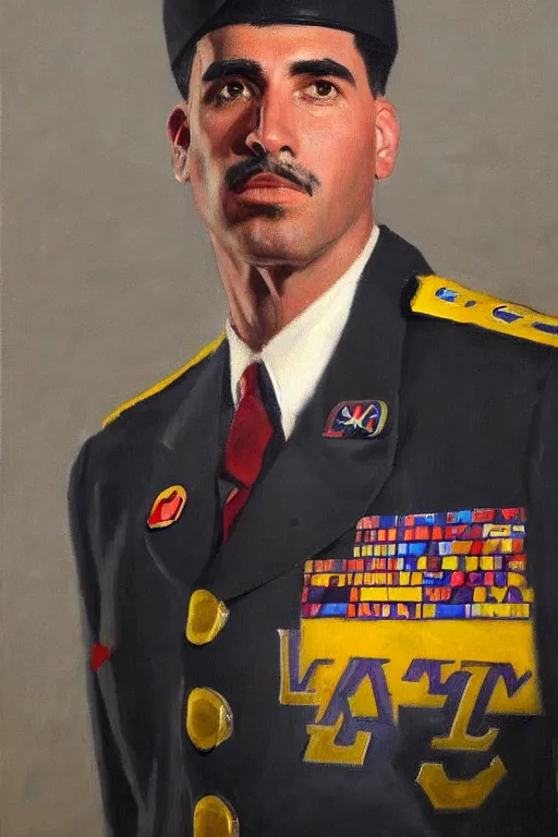 Image similar to full body portrait of the dictator of the los angeles lakers, 1 9 5 5, in full military garb, oil on canvas by william sidney mount, trending on artstation