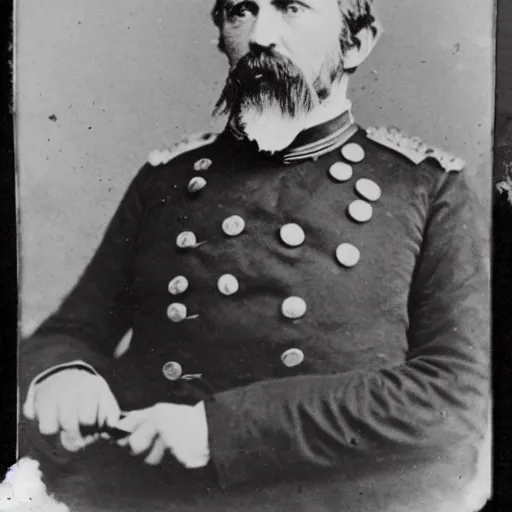 Image similar to a 1 8 5 8 photo of general pitzer, a union general, eating a large burrito with cheese and salsa