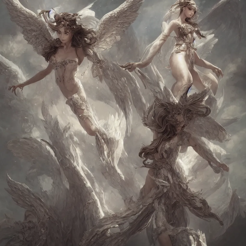 Image similar to full body portrait of a girl angel, wings, d & d, fantasy, intricate, elegant, highly detailed, digital painting, artstation, concept art, smooth, sharp focus, illustration, art by artgerm and greg rutkowski and peter mohrbacher & greg rutkowski & alexandros pyromallis & nekro & rene maritte