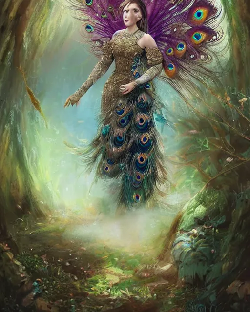 Prompt: Woman/peacock wearing noble dress, looking majestic in forest, portrait, magic the gathering artwork, D&D, fantasy, cinematic lighting, centered, symmetrical, highly detailed, digital painting, artstation, concept art, smooth, sharp focus, illustration, volumetric lighting, epic Composition, 8k, art by Akihiko Yoshida and Greg Rutkowski and Craig Mullins, oil painting, cgsociety