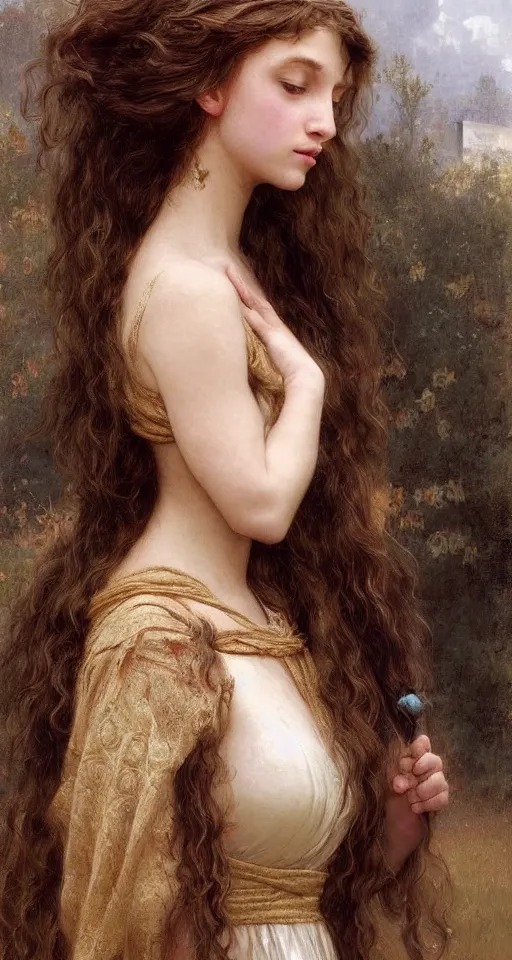 Image similar to Medieval princess, hair flowing down, intricate, highly detailed, artstation, illustration, jurgens, rutkowski, bouguereau, pastoral, rustic, georgic