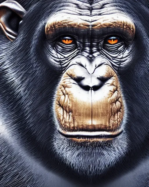 Image similar to gold, blue, very detailed high resolution illustration portrait of a chimpanzee glaring, mystical, 3 d, 8 k, extremely detailed, artstation