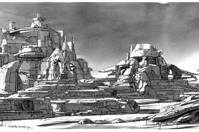 Image similar to ancient martian ruin concept sketch by joe johnston and nilo rodis - jamero and ralph mcquarrie and norman reynolds