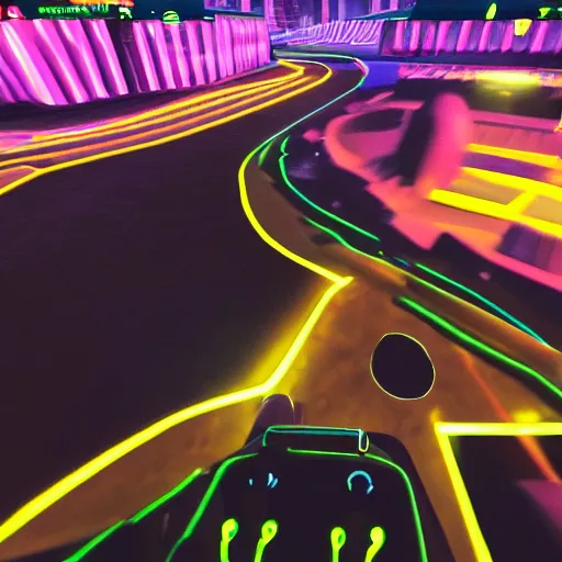 Prompt: first person driving in the night neon city