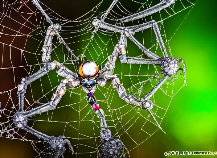 Prompt: photo of a crystal of a crystal mechanical spider in the forest. Fantasy magic style. Highly detailed 8k. Intricate. Nikon d850 55mm. Award winning photography.