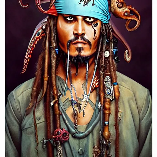 Image similar to Lofi BioPunk Lovecraft Lovecraftian portrait of Jack Sparrow with an octopus Pixar style by Tristan Eaton Stanley Artgerm and Tom Bagshaw