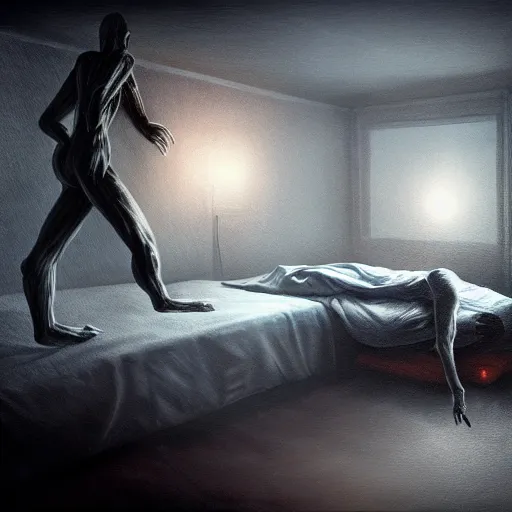 Image similar to A gangly humanoid monster running towards a person sleeping in a bed, trending on Artstation, Digital Painting, Photo Realistic, Dynamic Lighting, Gloomy, Insanely Detailed, Award Winning