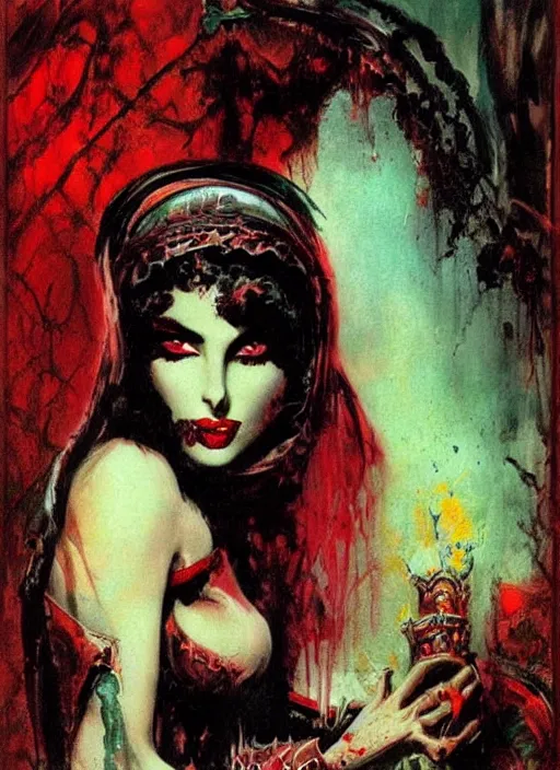 Image similar to portrait of svelt iranian vampiress, jeweled veil, strong line, saturated color, beautiful! coherent! by frank frazetta, high contrast, blood splatter background