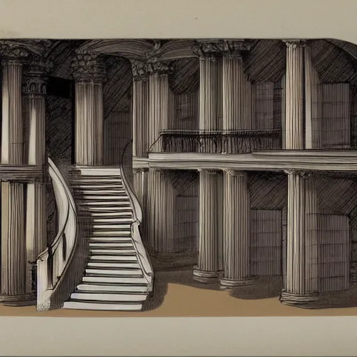 Image similar to the sketch of an opera scenoraphy designed of curved stairs and doors and windows frames by frazzeta.