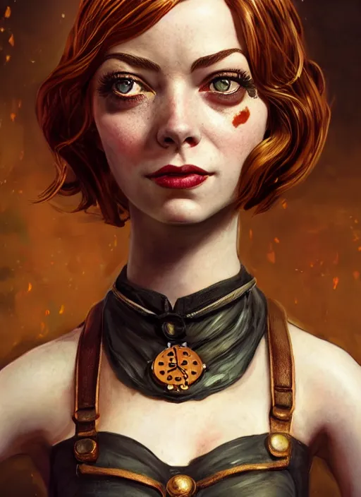 Image similar to Bioshock steampunk portrait of Emma Stone, au naturel, hyper detailed, digital art, trending in artstation, cinematic lighting, studio quality, smooth render, unreal engine 5 rendered, octane rendered, art style by klimt and nixeu and ian sprigger and wlop and krenz cushart.