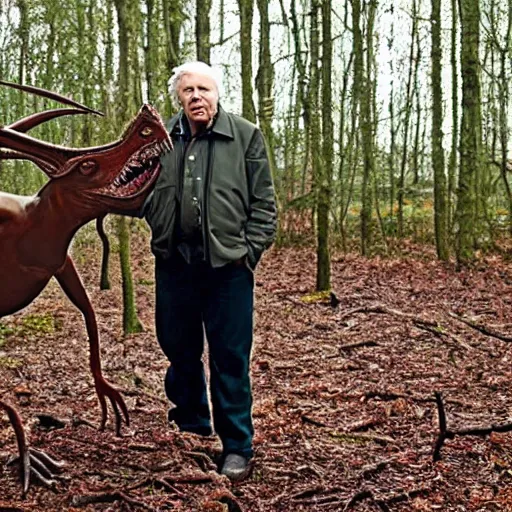 Image similar to Sir David Attenborough in the woods with the Jersey Devil