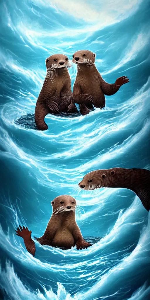 Image similar to An adorable Otter saving his wife from the whirlpool, in love holding hands side by side, in the middle of a super scary storm at sea, thunder, lightning, waves, fantasy illustration, cinematic, award winning, romantic, detailed trending on artstation, masterpiece